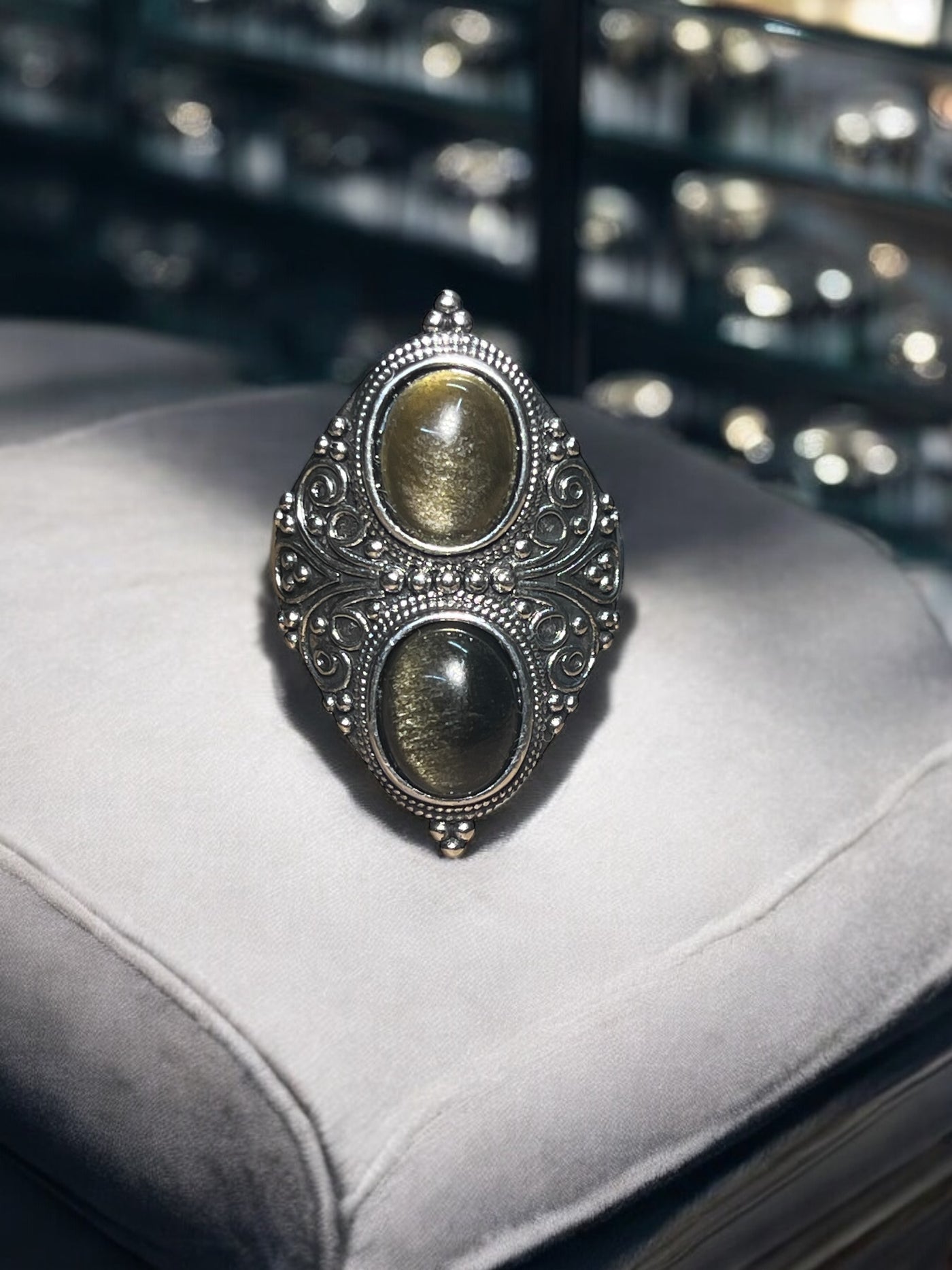 Golden Sheen Obsidian Antique Style Ring