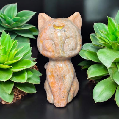 Lunar Crescent Moon Kitty Carving in Sunstone and Blue Apatite