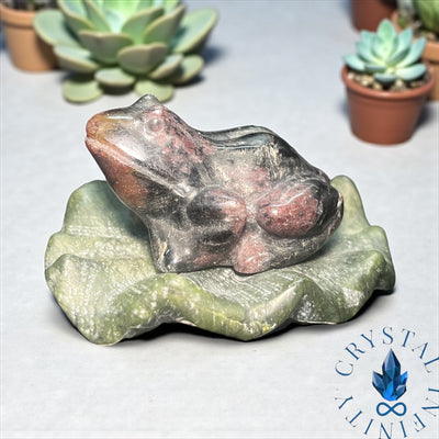 Arfvedsonite Frog on Jade Lilly Pad Carving