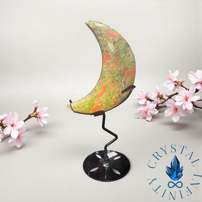 Unakite Crescent Moon Carving with Stand