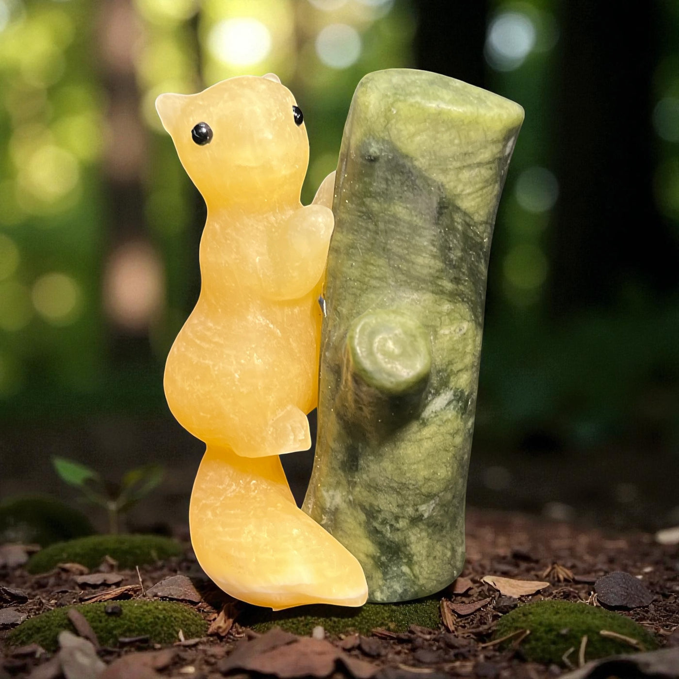 Calcite Squirrel on Jade Tree Carving