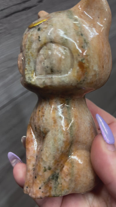 Lunar Crescent Moon Kitty Carving in Sunstone and Blue Apatite