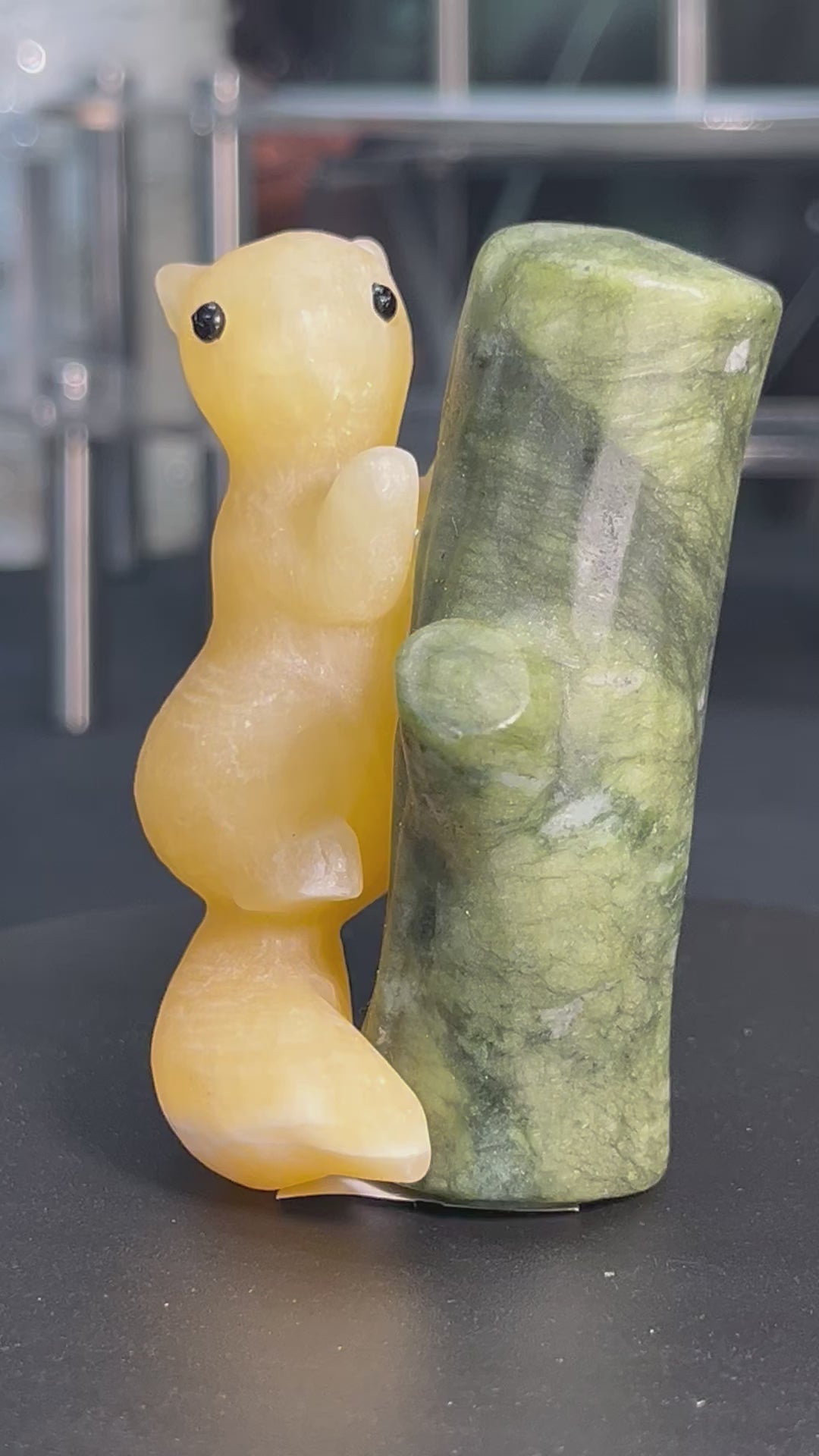 Calcite Squirrel on Jade Tree Carving