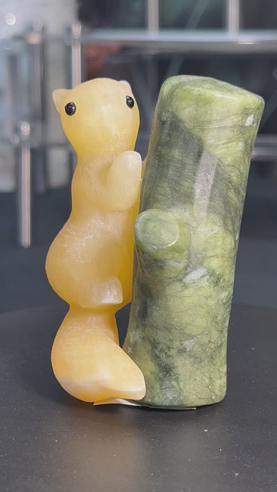 Calcite Squirrel on Jade Tree Carving
