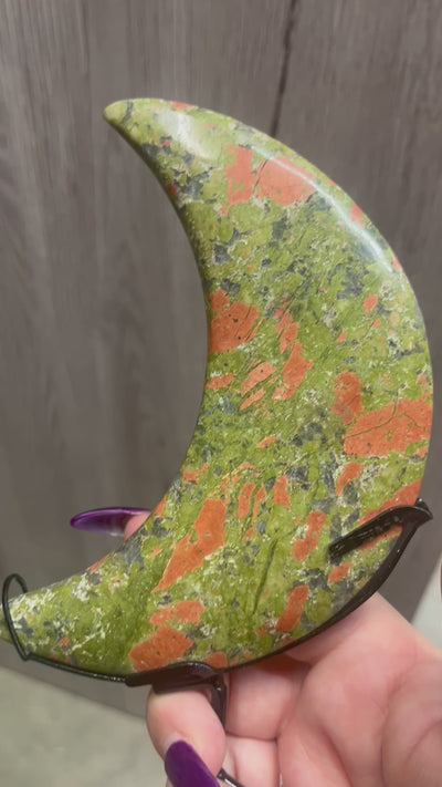 Unakite Crescent Moon Carving with Stand
